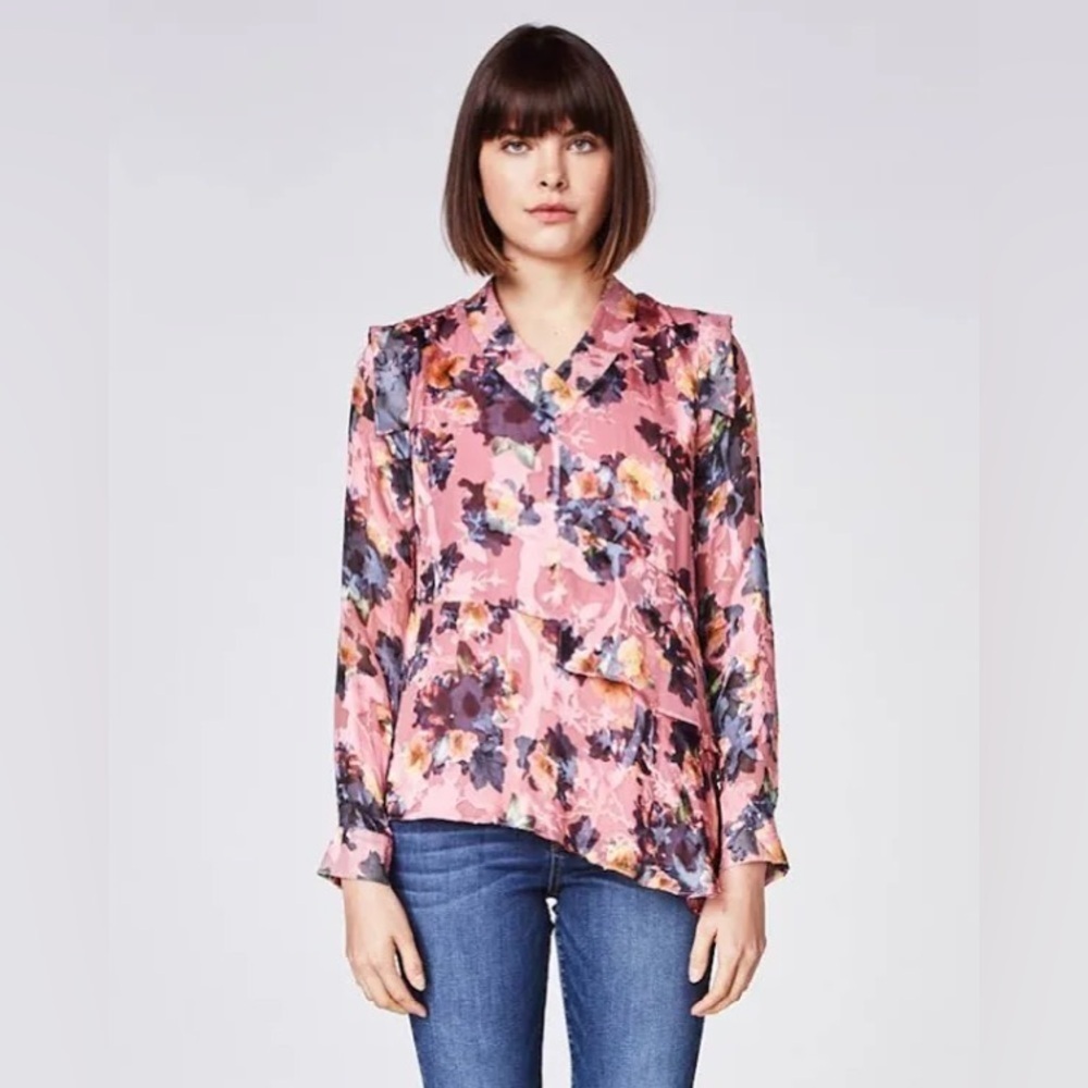 NICOLE MILLER Floral Print Silk Blouse Long Sleeve Burnout Ruffle Pink M…